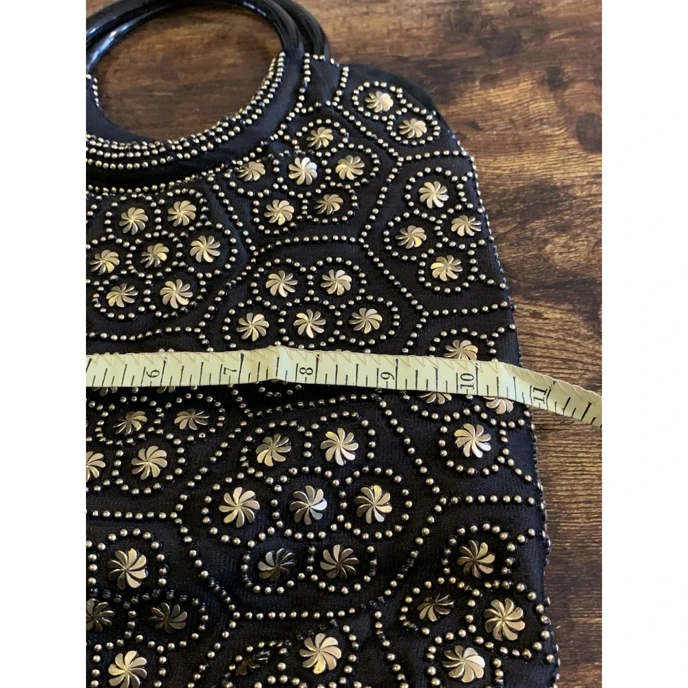 Vintage 1960s Black Beaded Handbag Black Handle &‎ Gold Stud Embellishing Boho